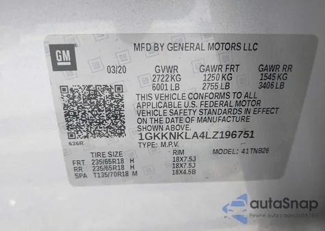 2020 GMC Acadia Fwd Sle z USA, uszkodzony, nr VIN 1GKKNKLA4LZ196751